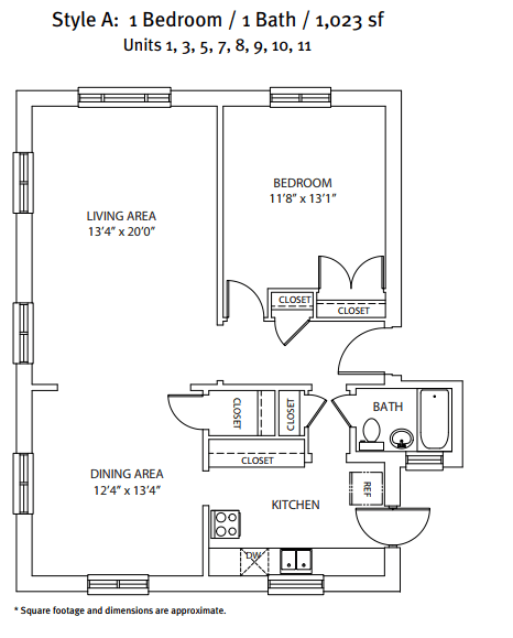 A floor plan of a small apartment with a bedroom, bathroom, and kitchen.